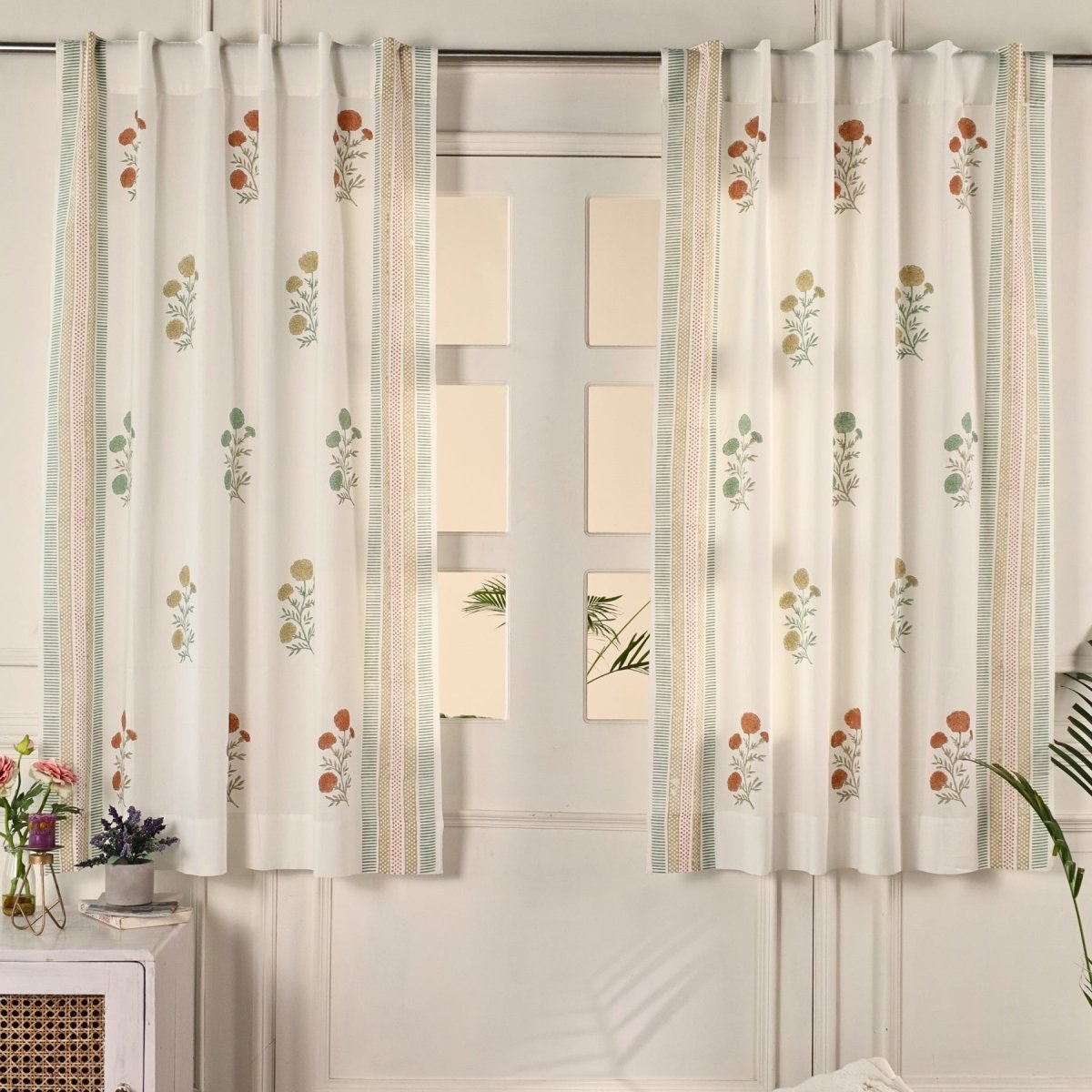 Teal, Mustard and Rust Sheer Cotton Window Curtain | 5 / 7 ft | Marigold Collection