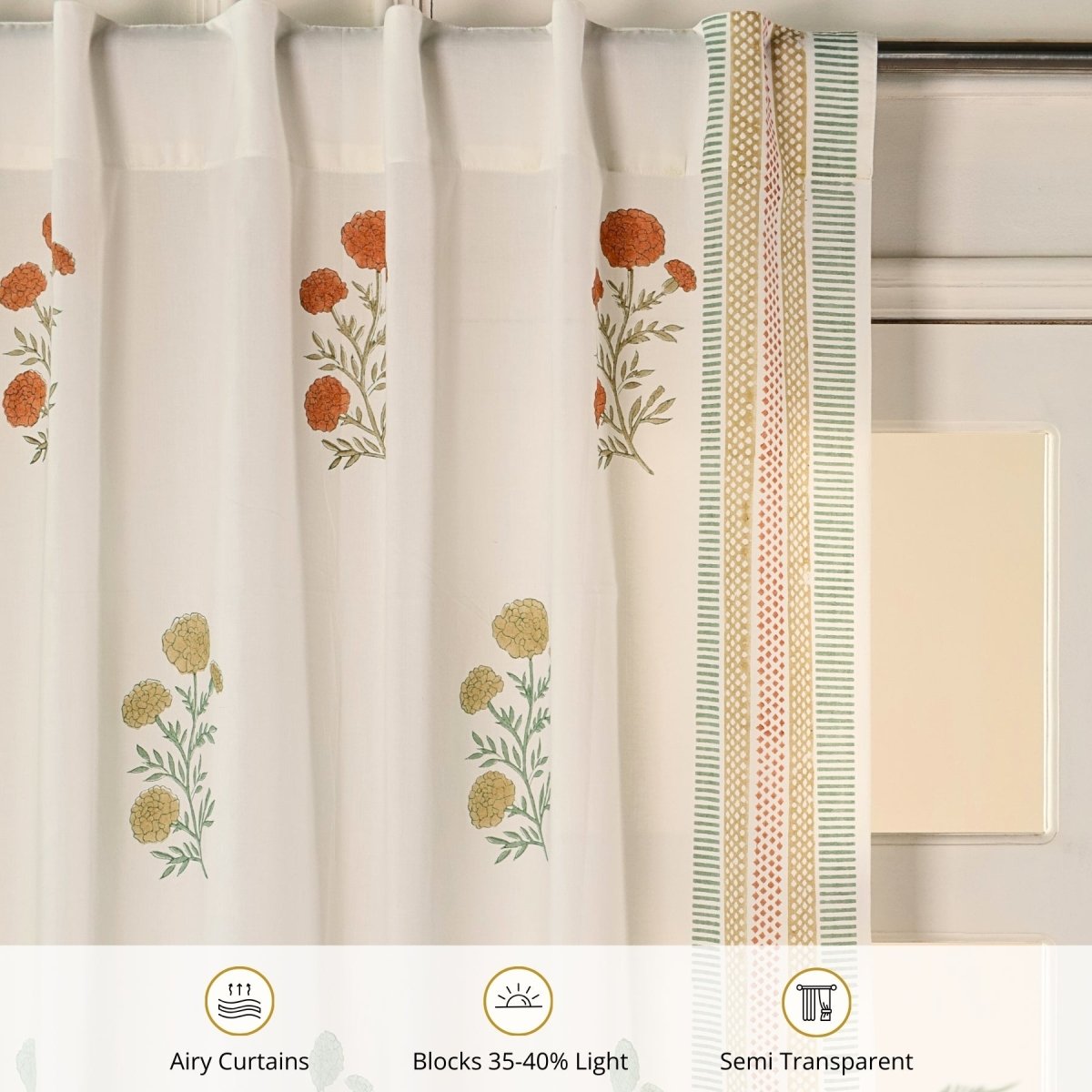 Teal, Mustard and Rust Sheer Cotton Window Curtain | 5 / 7 ft | Marigold Collection