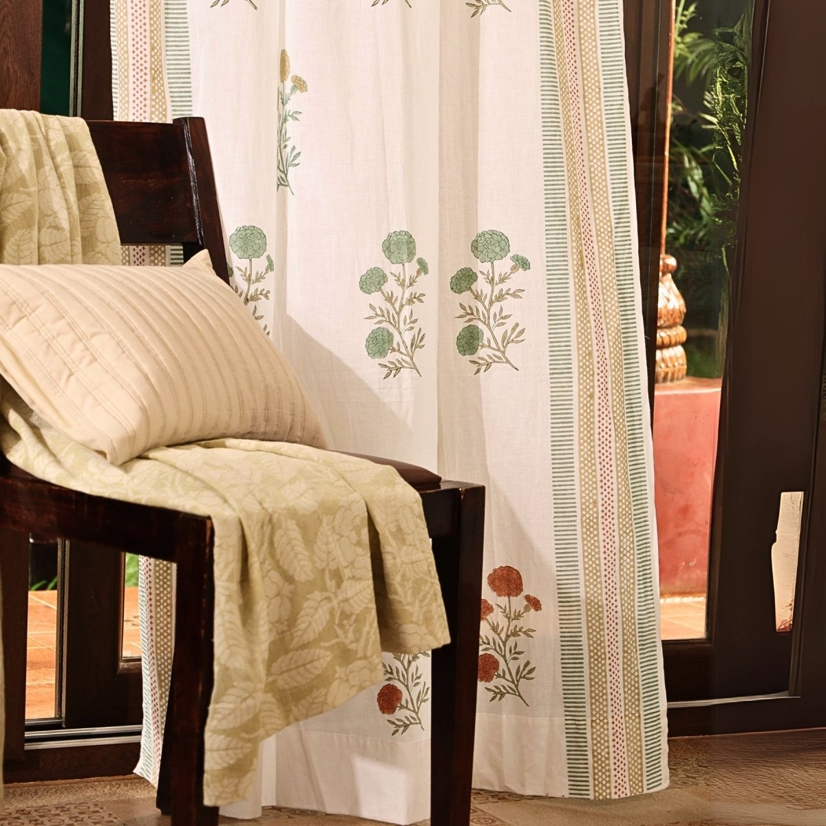 Teal, Mustard and Rust Sheer Cotton Window Curtain | 5 / 7 ft | Marigold Collection