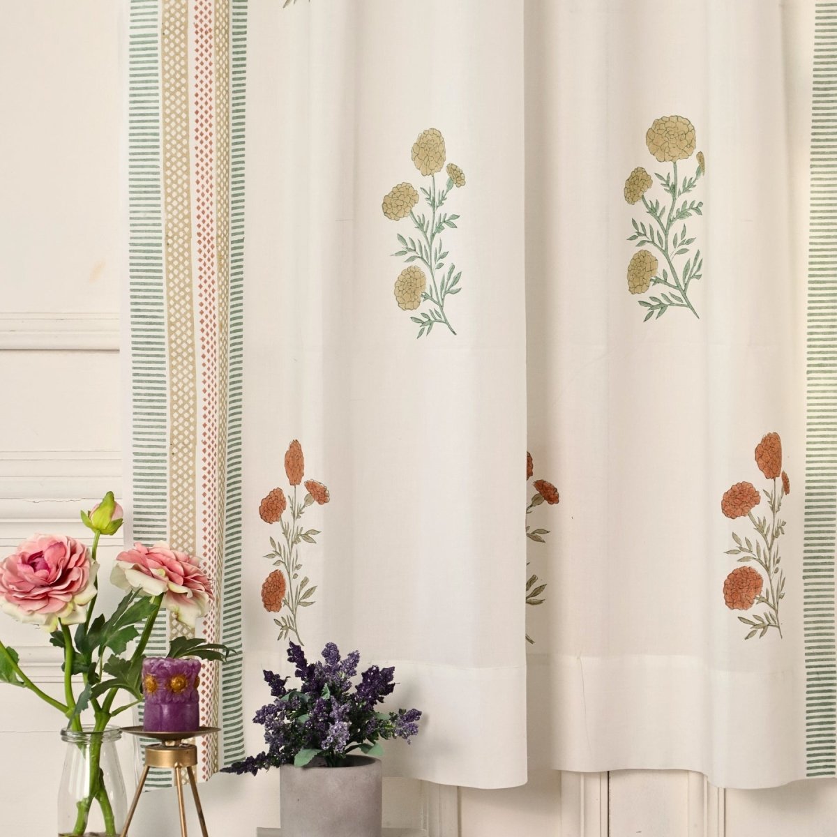 Teal, Mustard and Rust Sheer Cotton Window Curtain | 5 / 7 ft | Marigold Collection