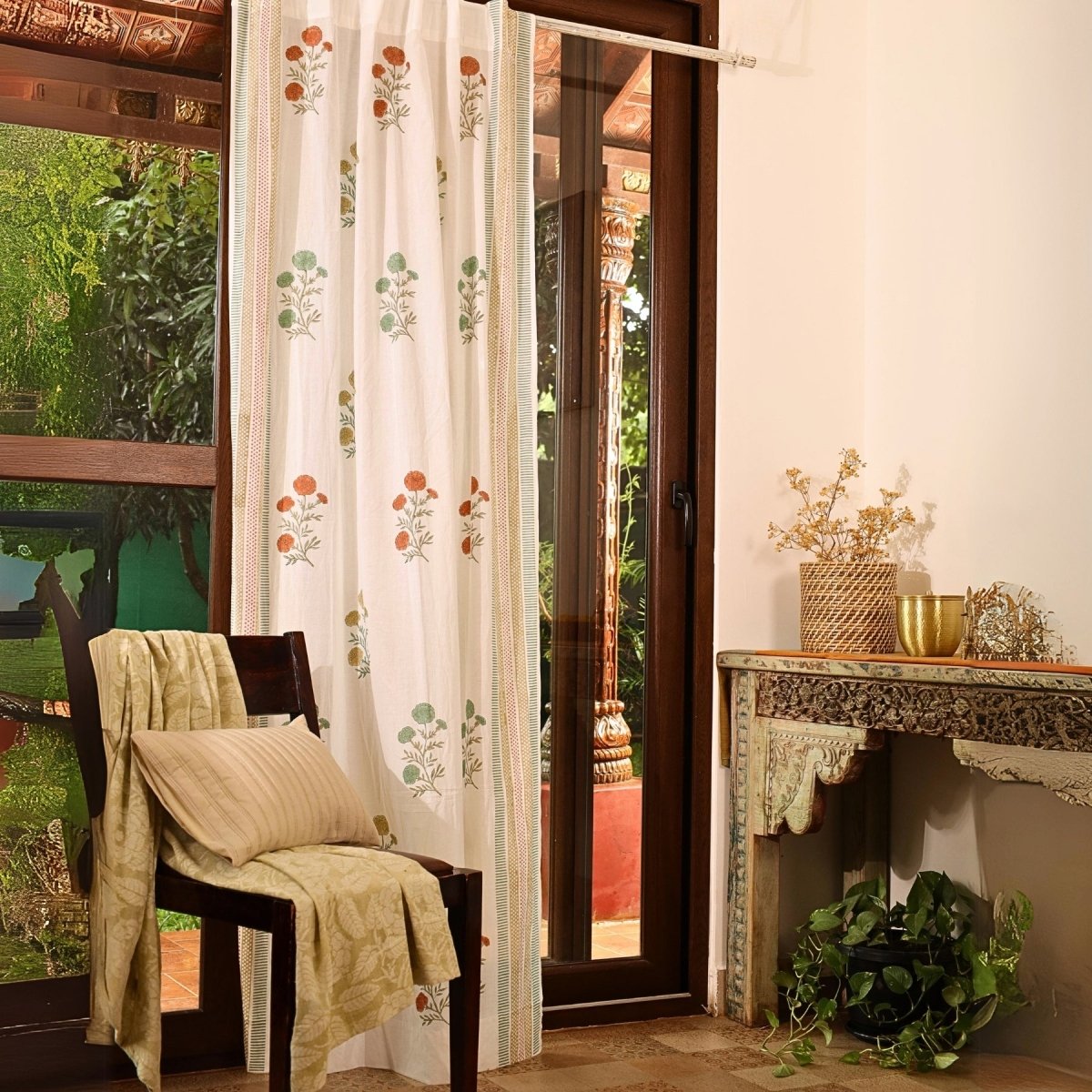 Teal, Mustard and Rust Sheer Cotton Window Curtain | 5 / 7 ft | Marigold Collection