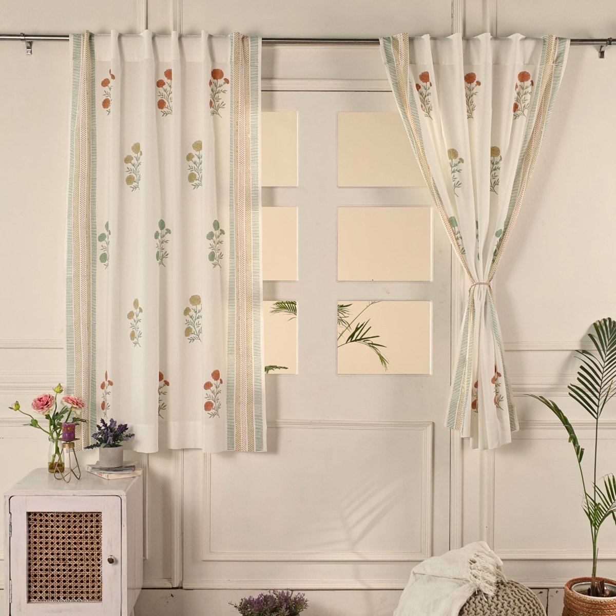 Teal, Mustard and Rust Sheer Cotton Window Curtain | 5 / 7 ft | Marigold Collection