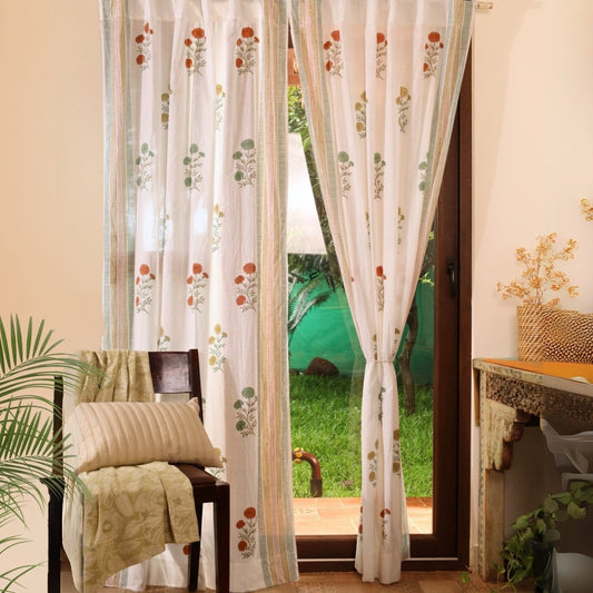 Teal, Mustard and Rust Sheer Cotton Window Curtain | 5 / 7 ft | Marigold Collection