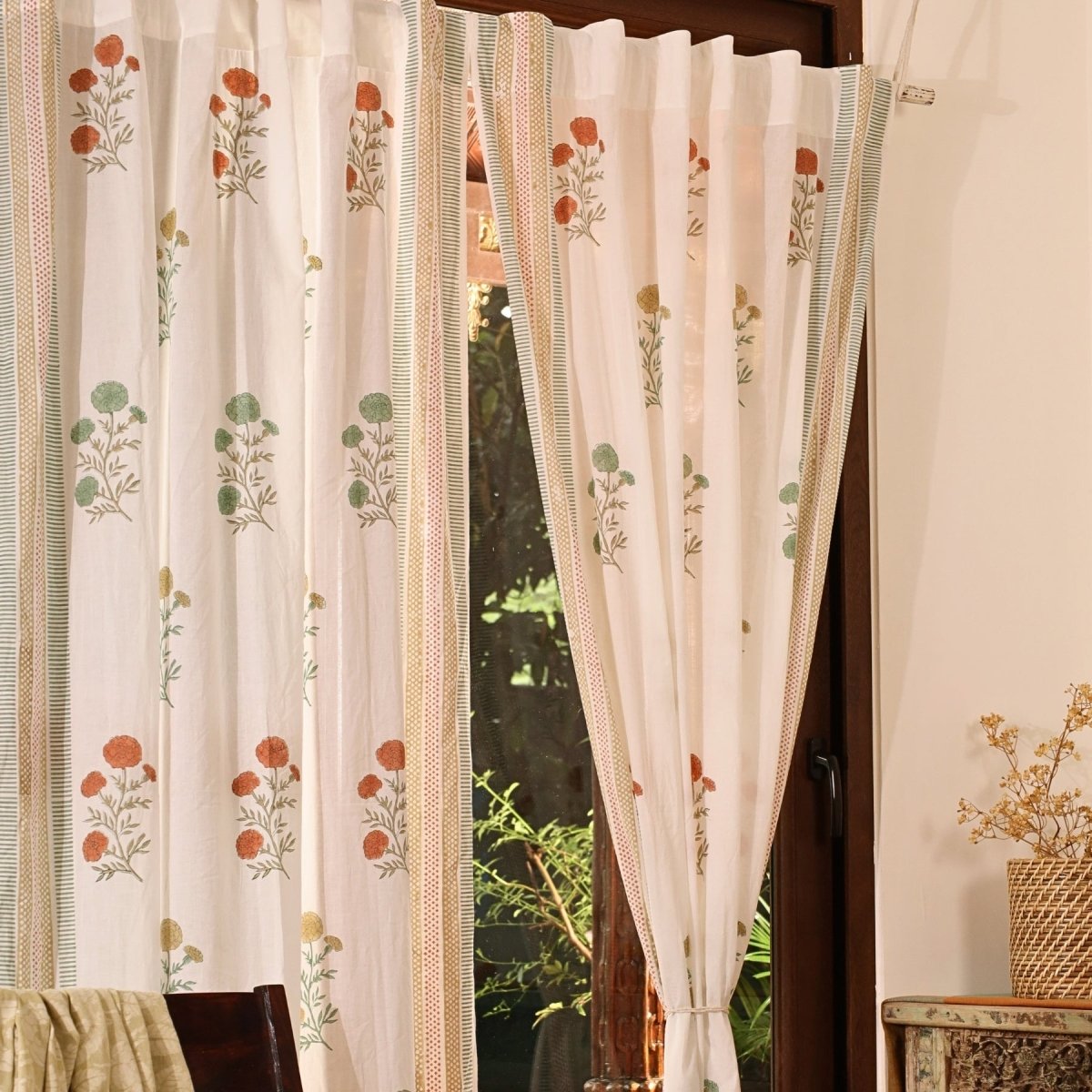 Teal, Mustard and Rust Sheer Cotton Window Curtain | 5 / 7 ft | Marigold Collection