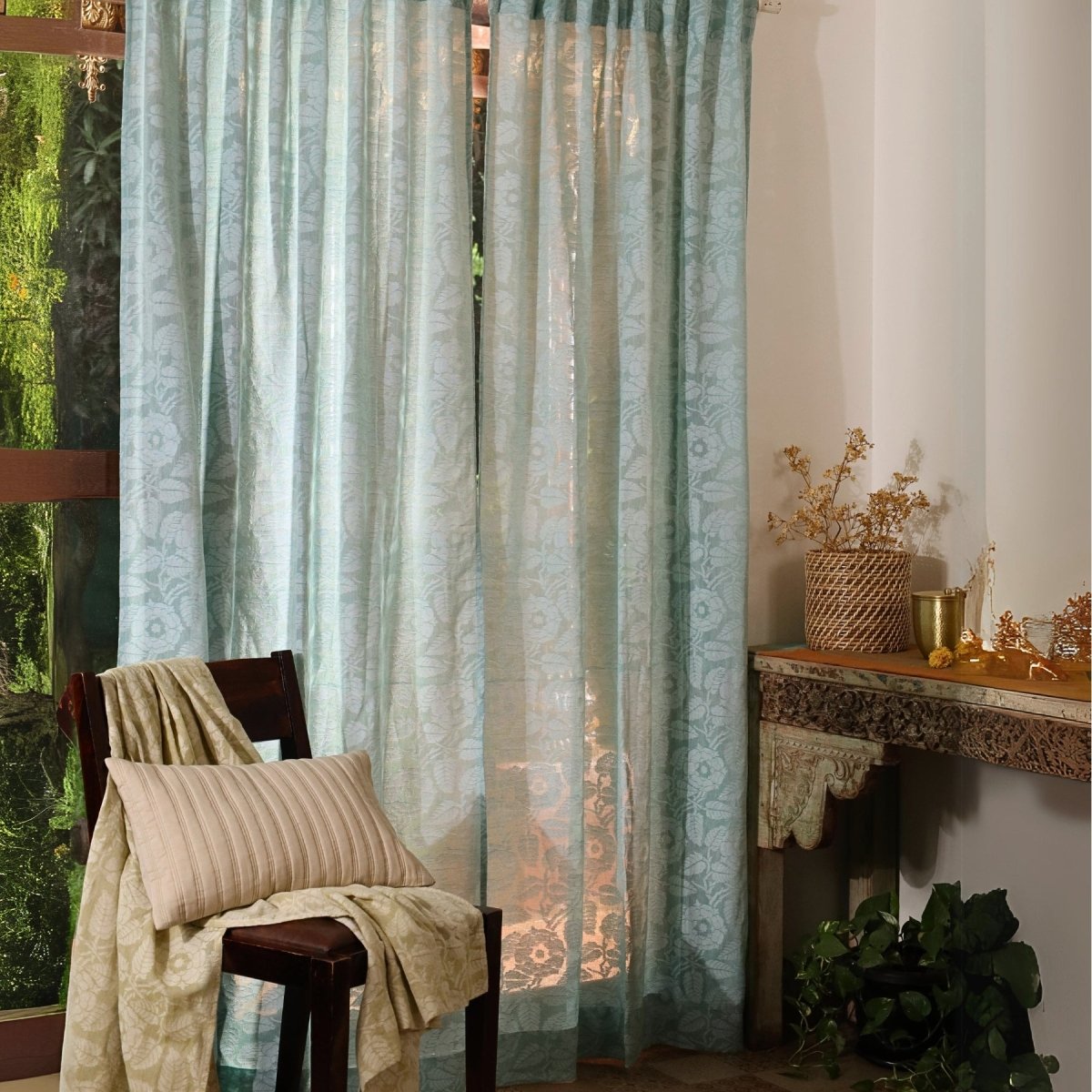 Teal Semi-Transparent Curtain for Door| Length 7ft | Marigold Collection