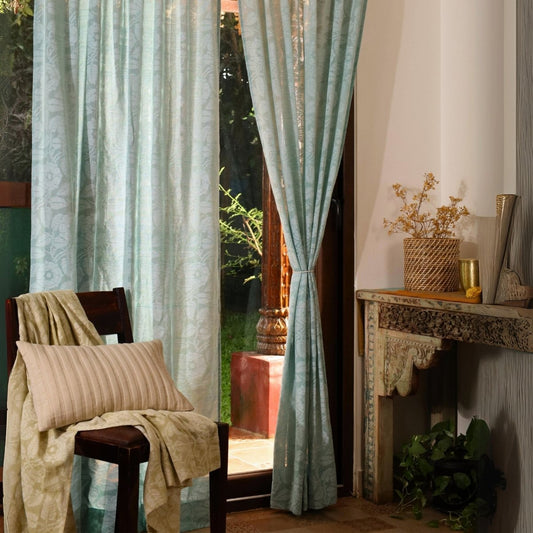 Teal Semi-Transparent Curtain for Door| Length 7ft | Marigold Collection