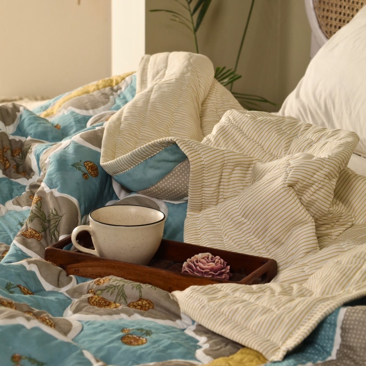 Teal & Taupe Handprinted Quilt | Single, Queen Bed Quilt | Marigold Collection