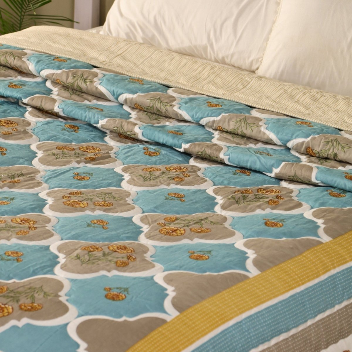 Teal & Taupe Handprinted Quilt | Single, Queen Bed Quilt | Marigold Collection