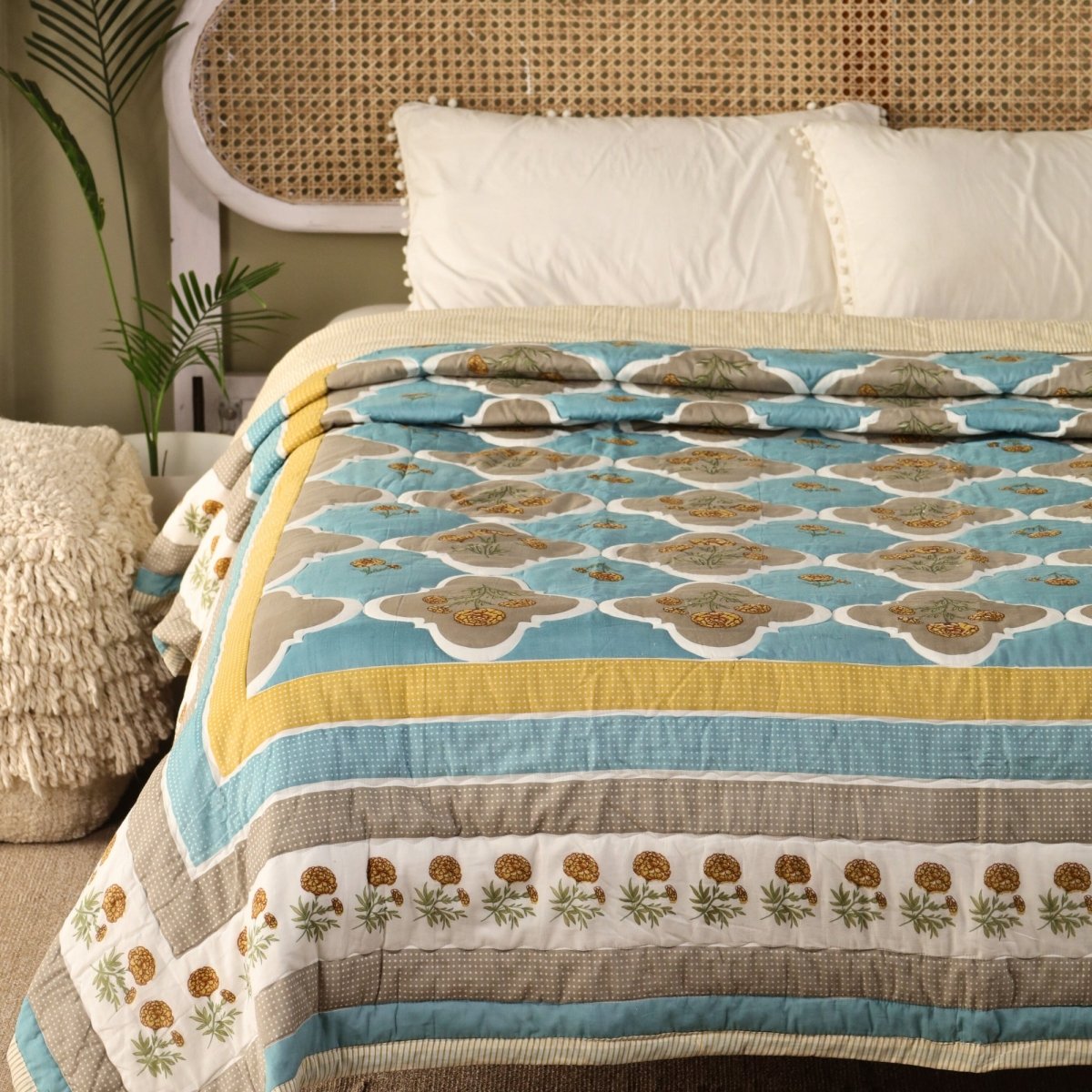 Teal & Taupe Handprinted Quilt | Single, Queen Bed Quilt | Marigold Collection