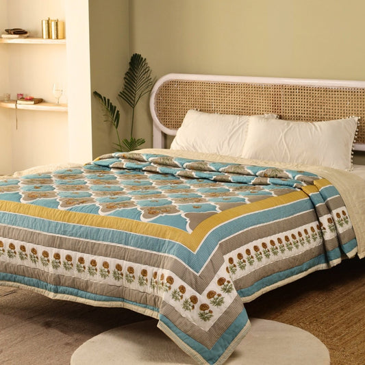 Teal & Taupe Handprinted Quilt | Single, Queen Bed Quilt | Marigold Collection
