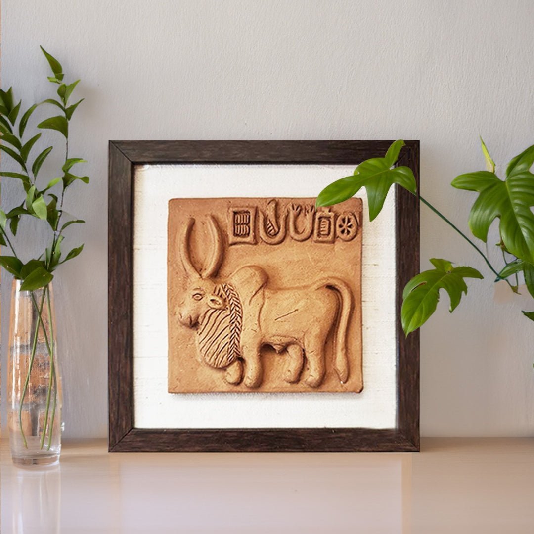 Terracotta Harappan Bull Seal Replica with Frame