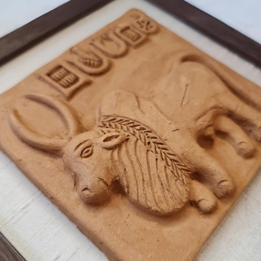 Terracotta Harappan Bull Seal Replica with Frame