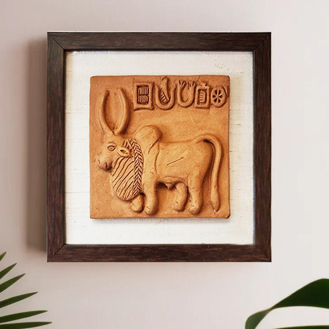 Terracotta Harappan Bull Seal Replica with Frame
