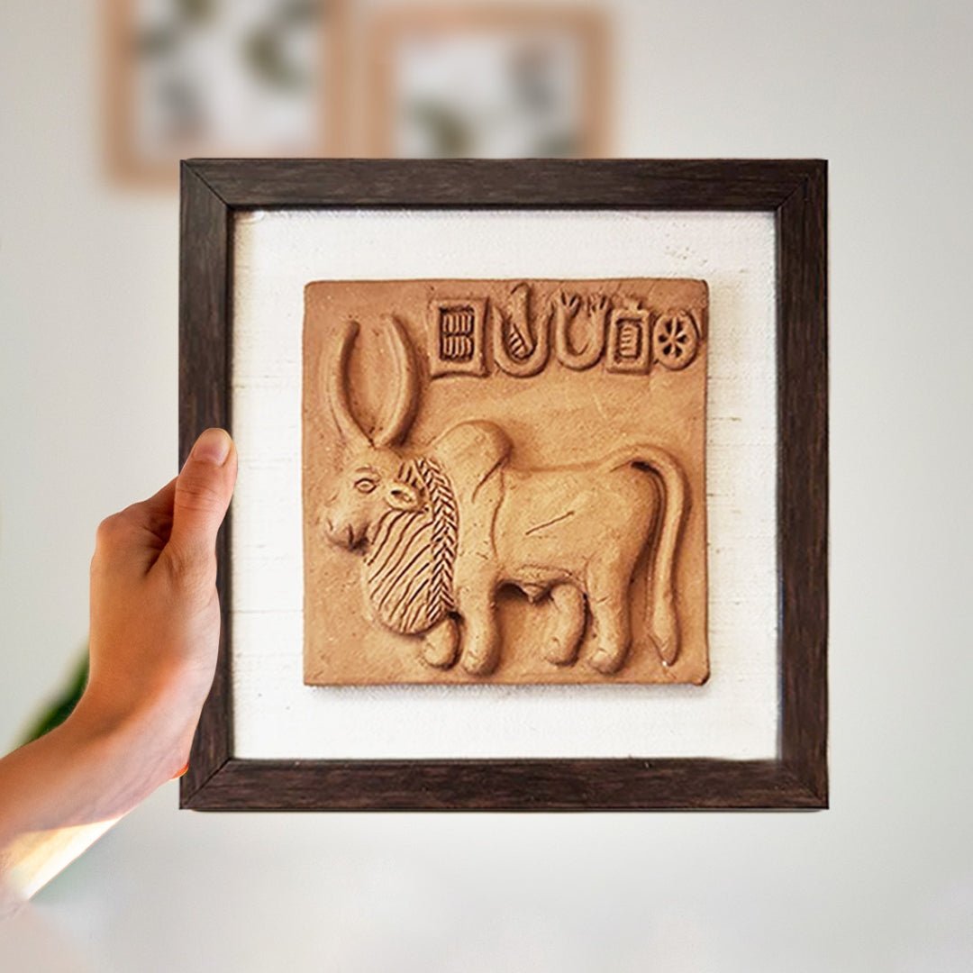Terracotta Harappan Bull Seal Replica with Frame
