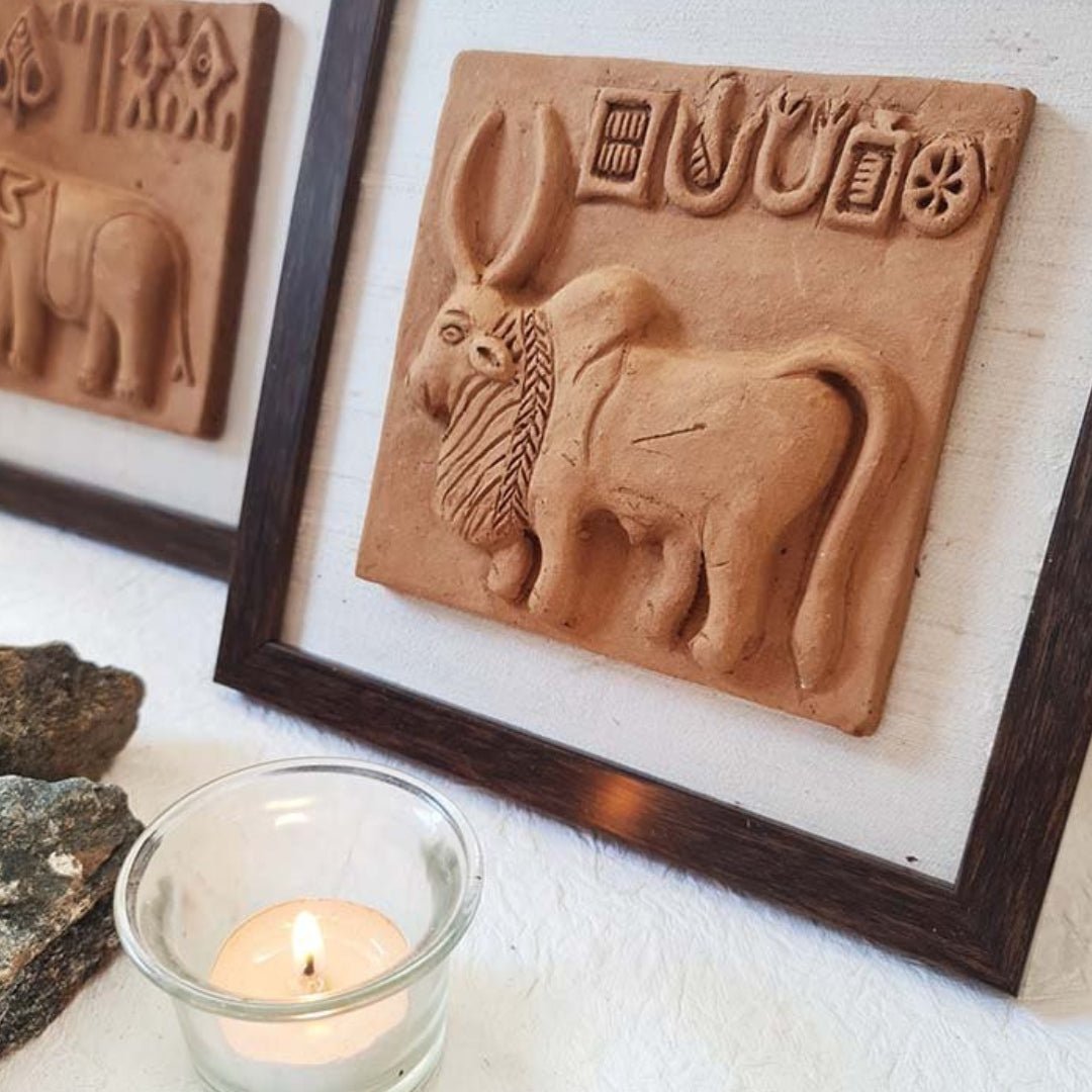 Terracotta Harappan Bull Seal Replica with Frame