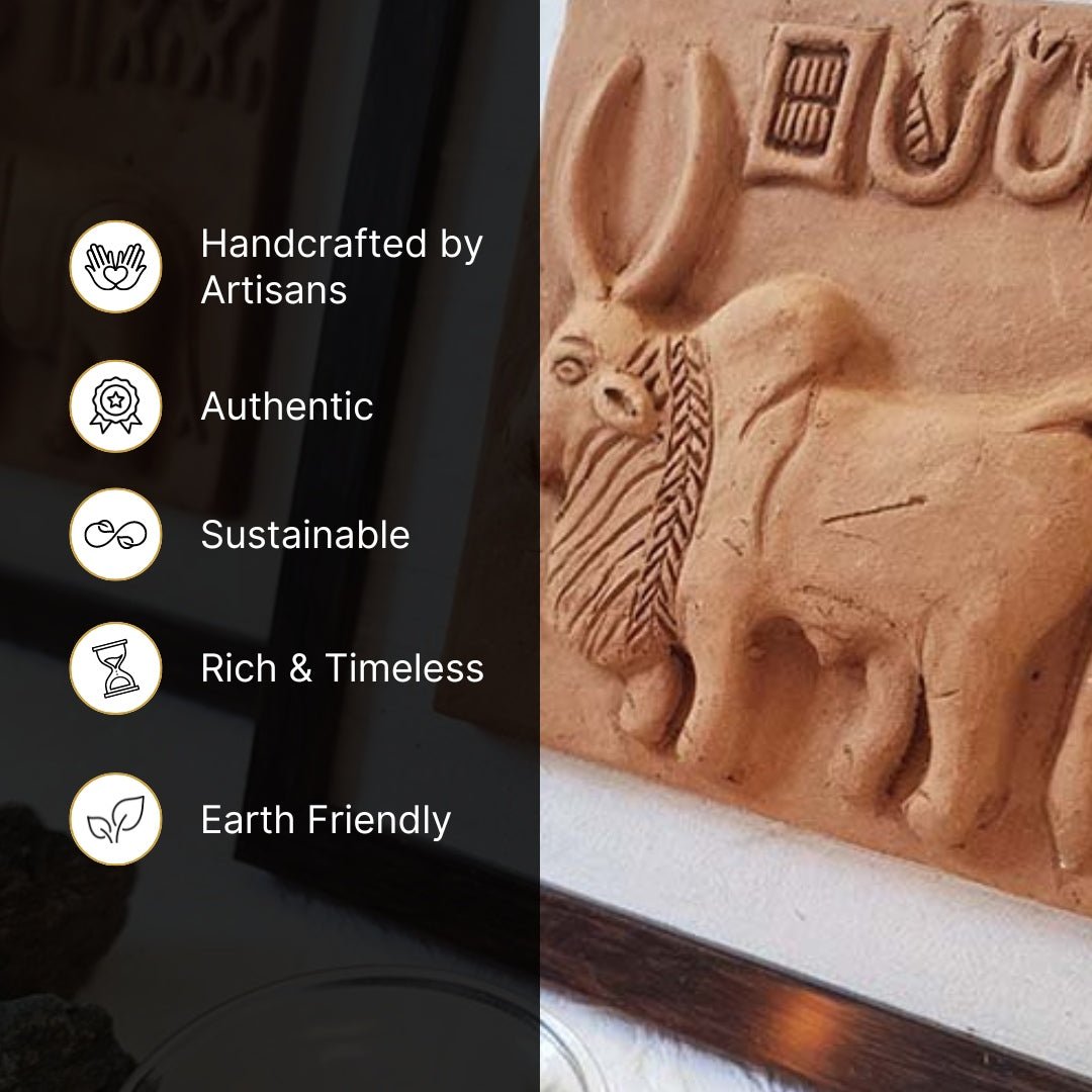 Terracotta Harappan Bull Seal Replica with Frame