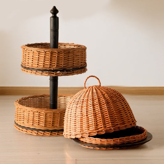 Wicker & Wood Serving Platter With Lid & 2 Tier Collapsable Fruit Basket Combo | Handcrafted in Kashmir