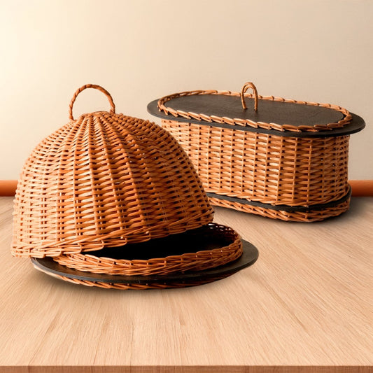 Wicker & Wood Serving Platter With Lid & Bread Box Combo | Handcrafted in Kashmir