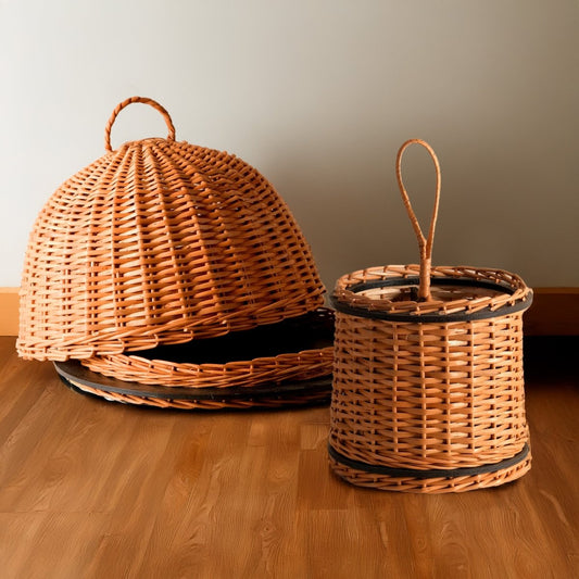 Wicker & Wood Serving Platter With Lid & Cutlery Holder Combo | Handcrafted in Kashmir