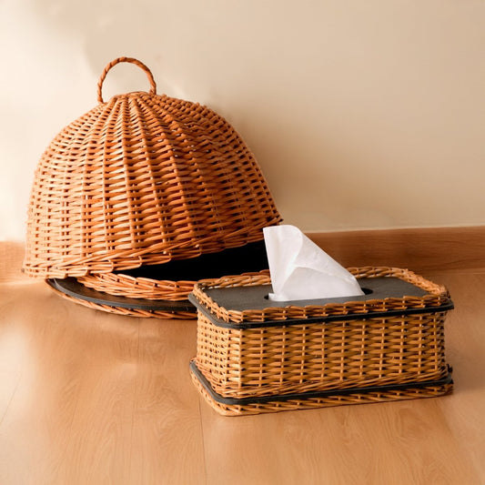 Wicker & Wood Serving Platter With Lid & Tissue Box Combo | Handcrafted in Kashmir