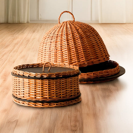 Wicker & Wood Storage Box & Serving Platter With Lid Combo | Handcrafted in Kashmir