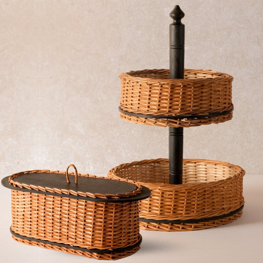 Wicker & Wood Bread Box & 2 Tier Collapsable Fruit Basket Combo | Handcrafted in Kashmir