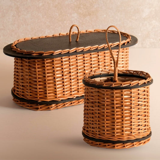 Wicker & Wood Bread Box Handcrafted & Cutlery Holder Combo | Handcrafted in Kashmir