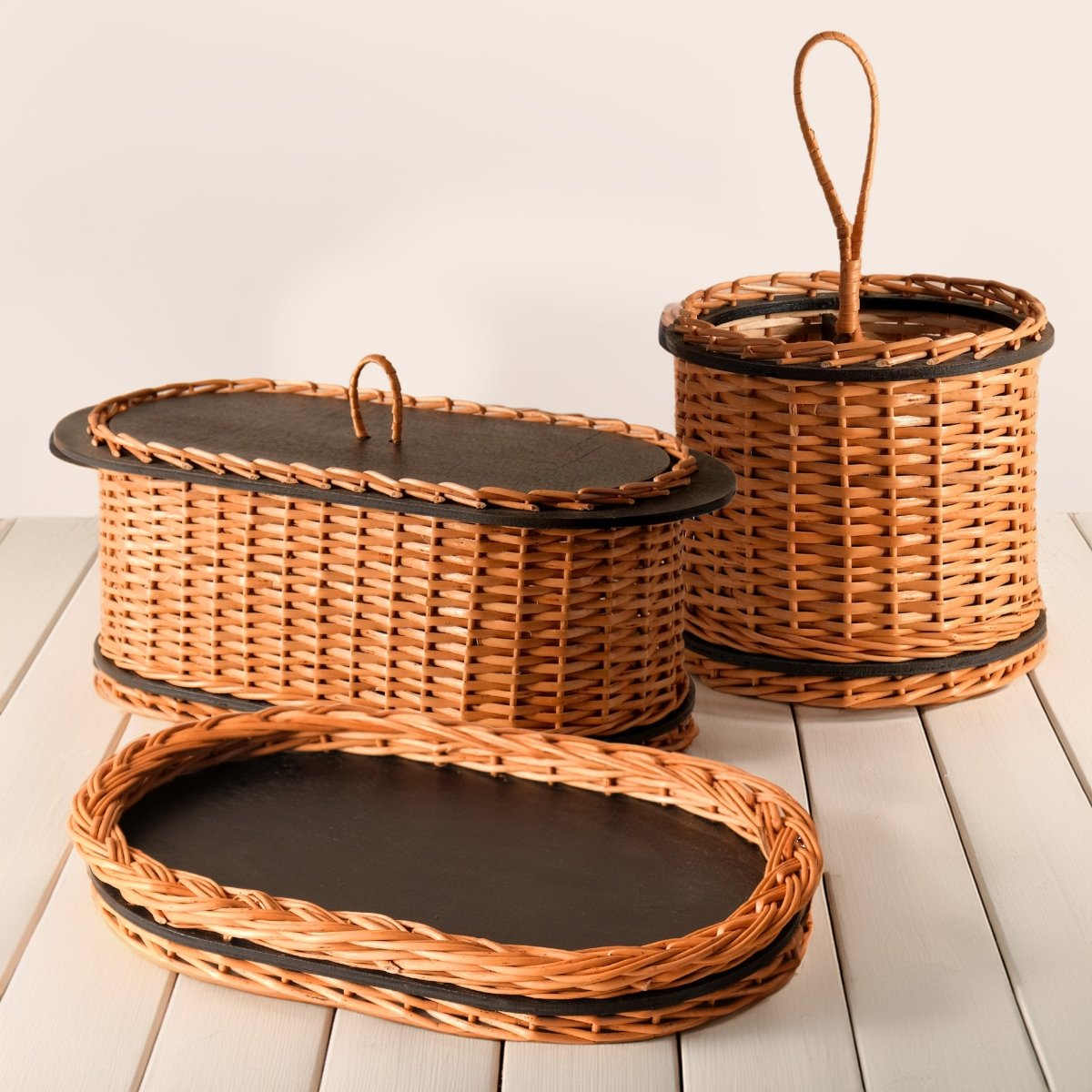 Wicker & Wood Bread Box, Serving Tray & Cutlery Holder Combo | Handcrafted in Kashmir