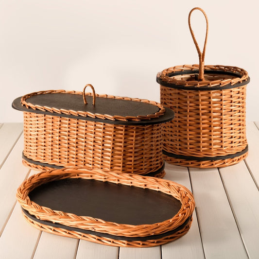 Wicker & Wood Bread Box, Serving Tray & Cutlery Holder Combo | Handcrafted in Kashmir