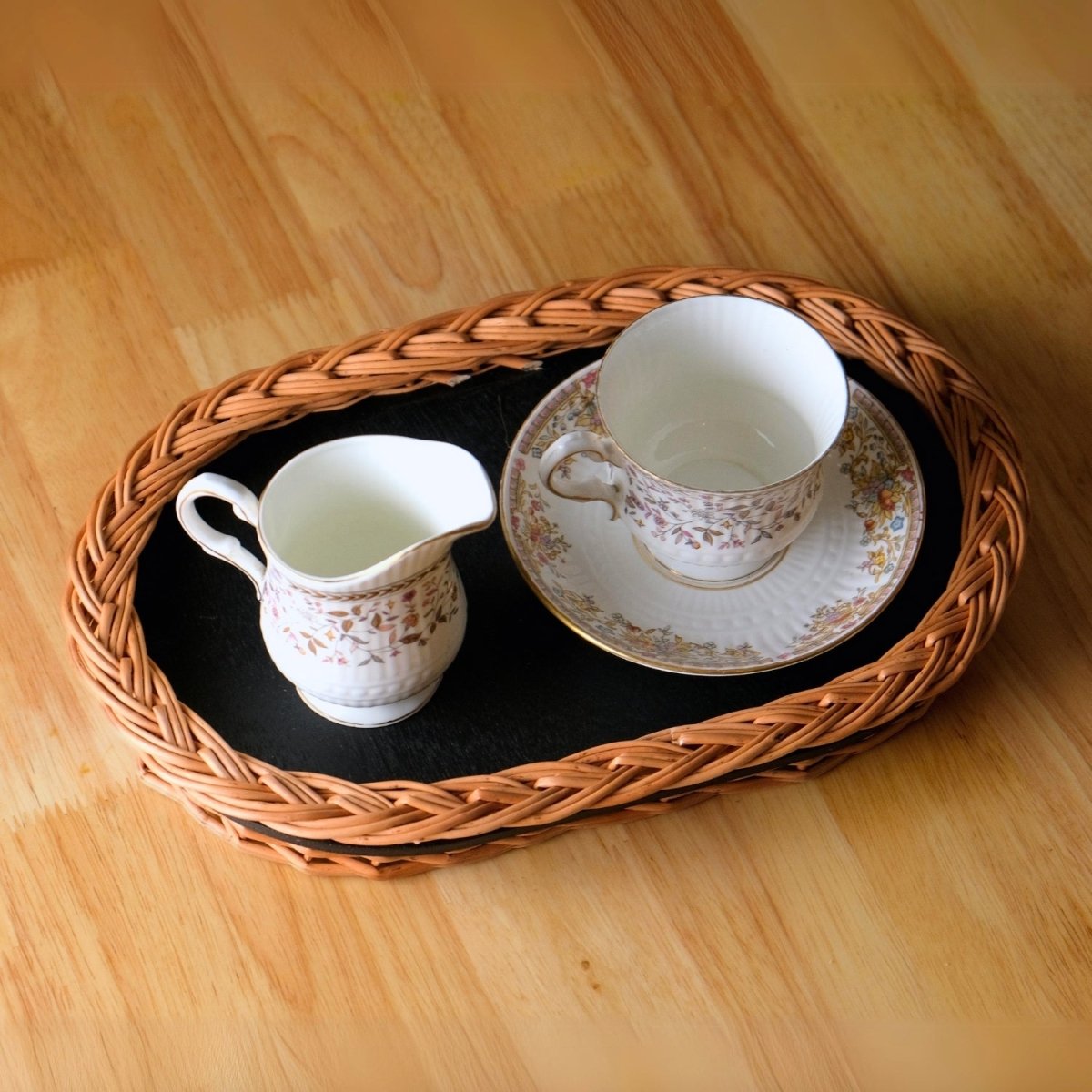 Wicker & Wood Bread Box, Serving Tray & Cutlery Holder Combo | Handcrafted in Kashmir