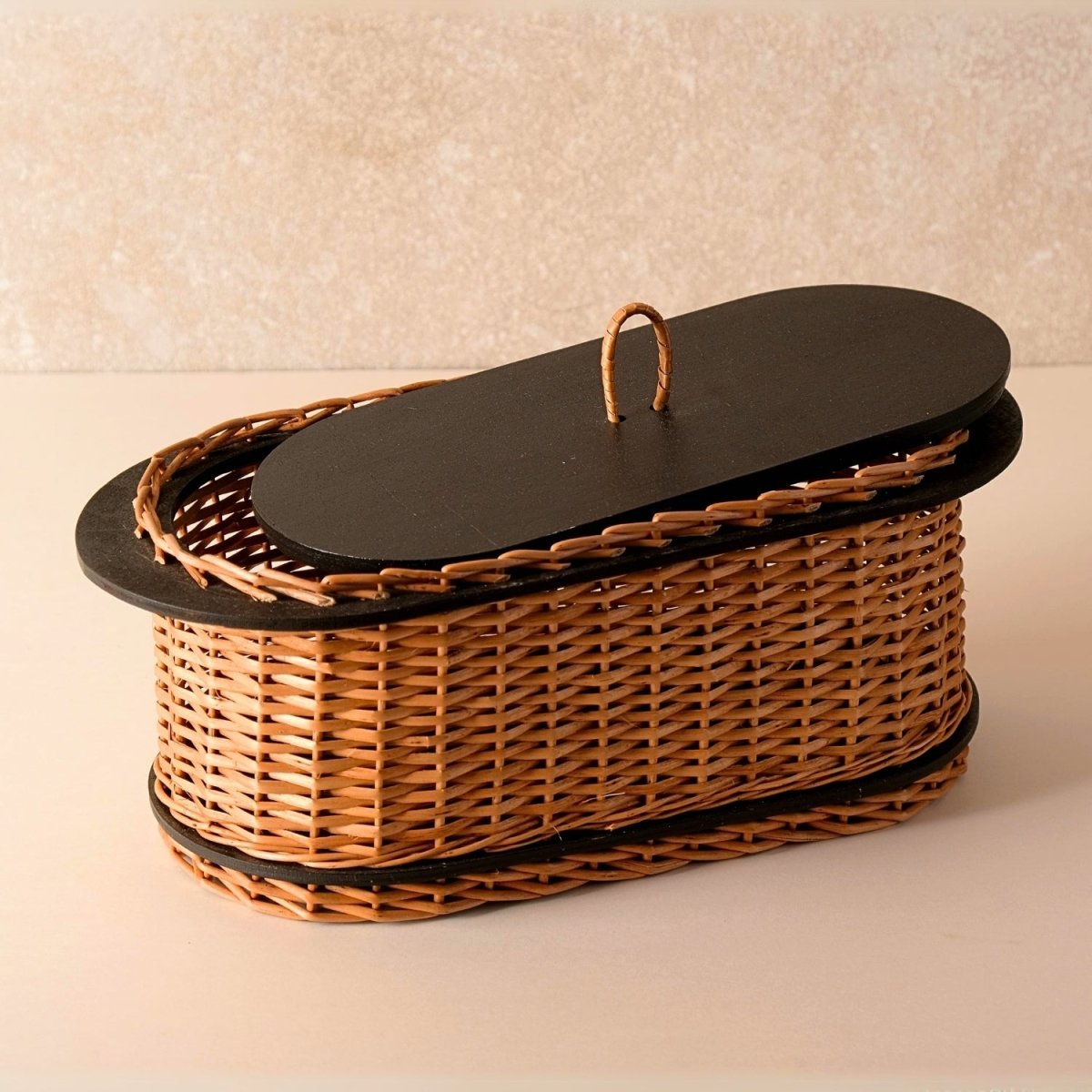 Wicker & Wood Bread Box, Serving Tray & Cutlery Holder Combo | Handcrafted in Kashmir