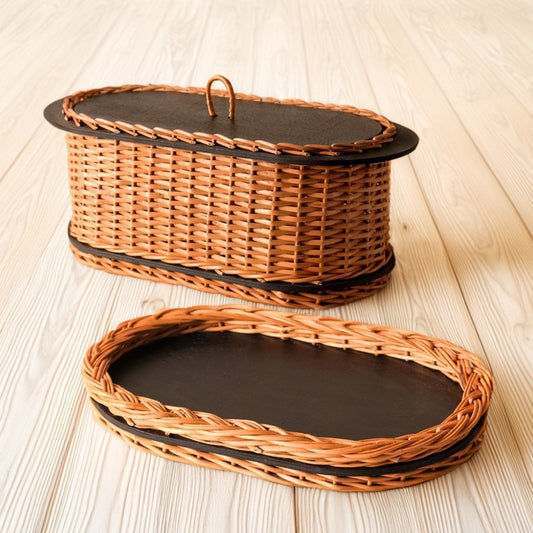 Wicker & Wood Bread Box & Serving Tray Combo | Handcrafted in Kashmir