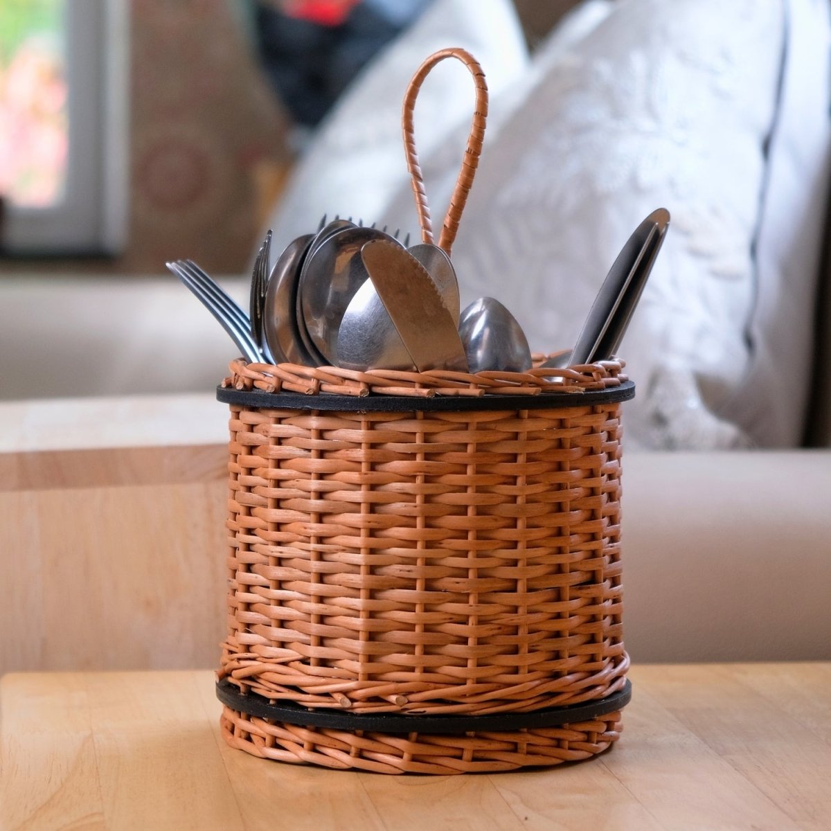 Wicker & Wood Cutlery Holder | Handcrafted in Kashmir