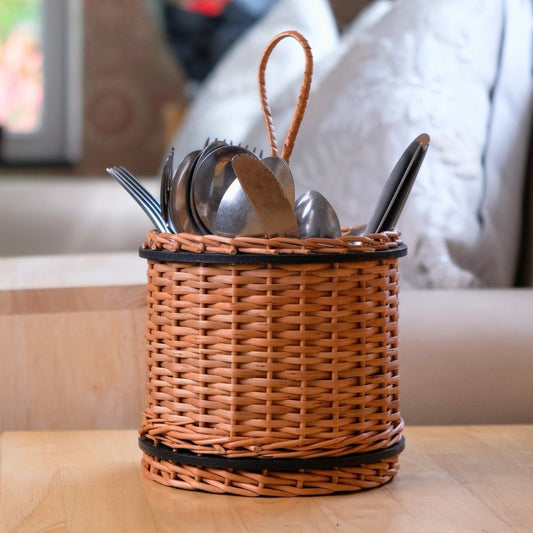 Wicker & Wood Cutlery Holder | Handcrafted in Kashmir