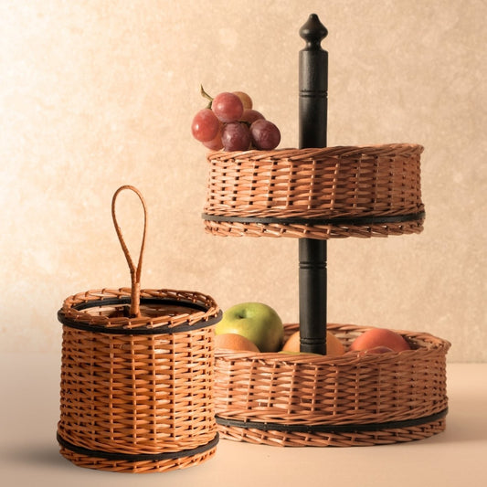 Wicker & Wood Fruit Basket With 2 Tiers & Cutlery Holder Combo | Handcrafted in Kashmir
