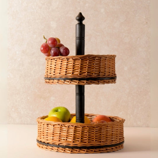 Wicker & Wood Fruit Basket With 2 Tiers | Handcrafted in Kashmir