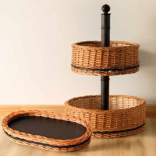 Wicker & Wood Fruit Basket With 2 Tiers & Serving Tray Combo | Handcrafted in Kashmir