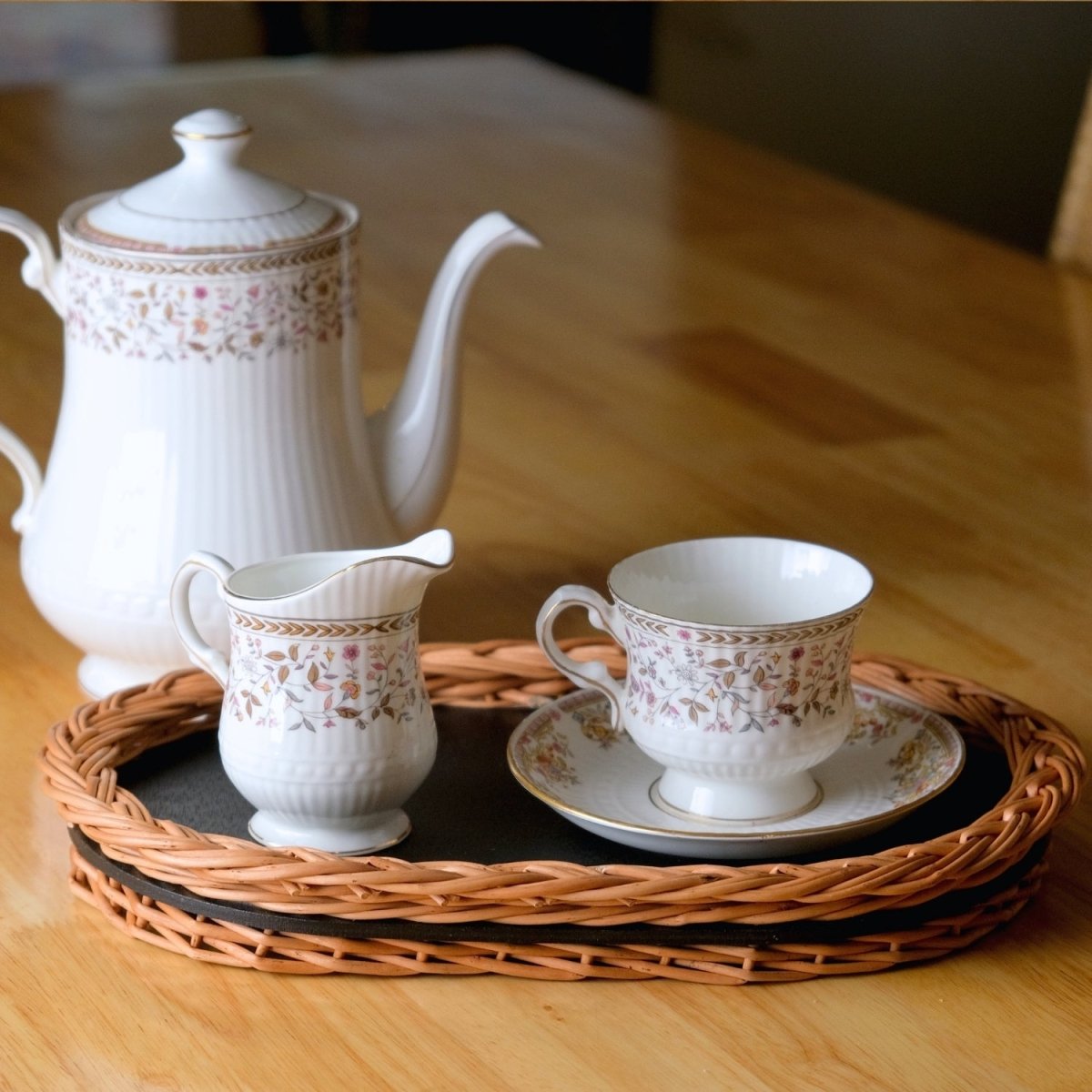 Wicker & Wood Fruit Basket With 2 Tiers & Serving Tray Combo | Handcrafted in Kashmir