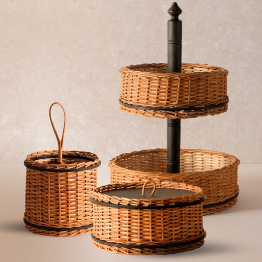 Wicker & Wood Fruit Basket With 2 Tiers, Storage Boxes & Cutlery Holder Combo | Handcrafted in Kashmir