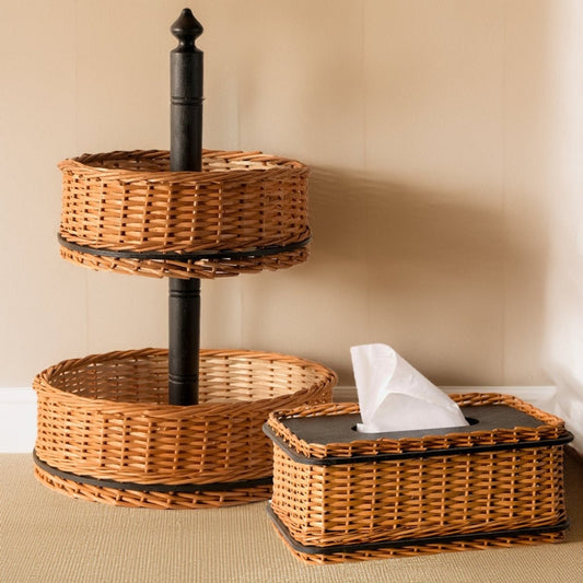 Wicker & Wood Fruit Basket With 2 Tiers & Tissue Box Combo | Handcrafted in Kashmir