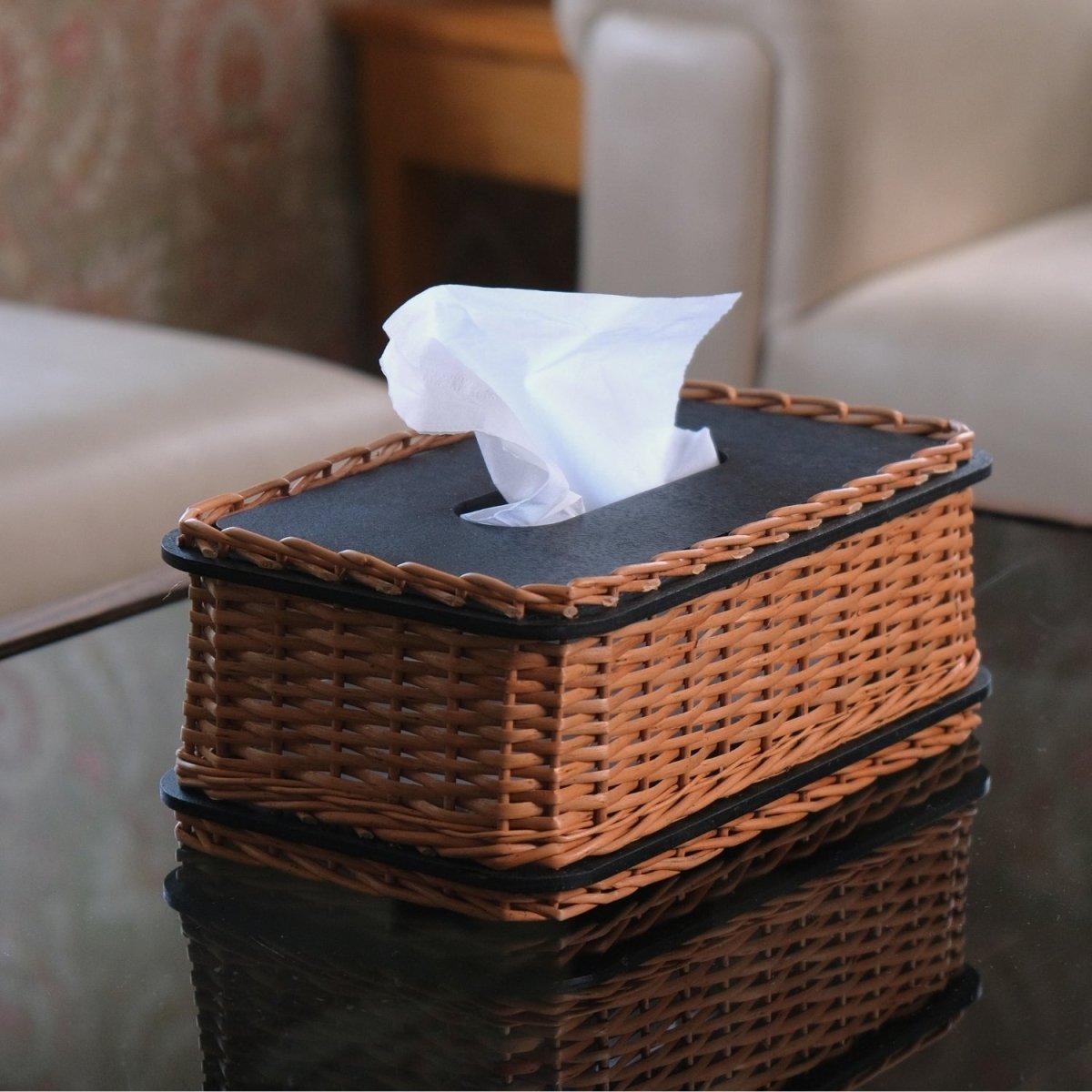 Wicker & Wood Fruit Basket With 2 Tiers & Tissue Box Combo | Handcrafted in Kashmir