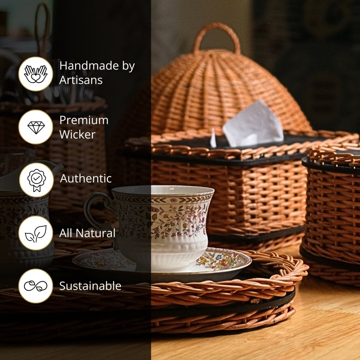 Wicker & Wood Fruit Basket With 2 Tiers & Tissue Box Combo | Handcrafted in Kashmir