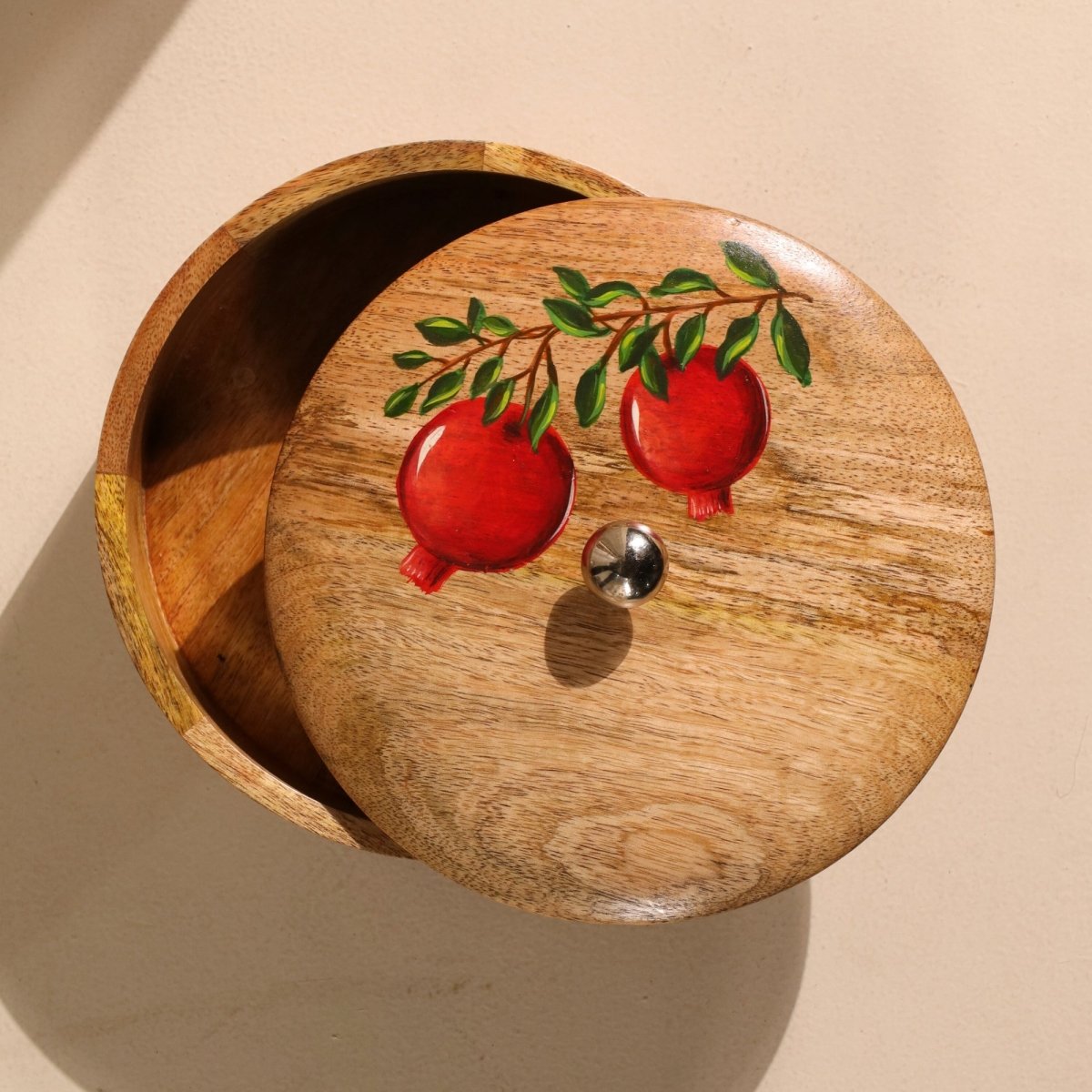 Wooden Roti Box | Handpainted  with Anar design | Mango Wood |  2.5" x 8"