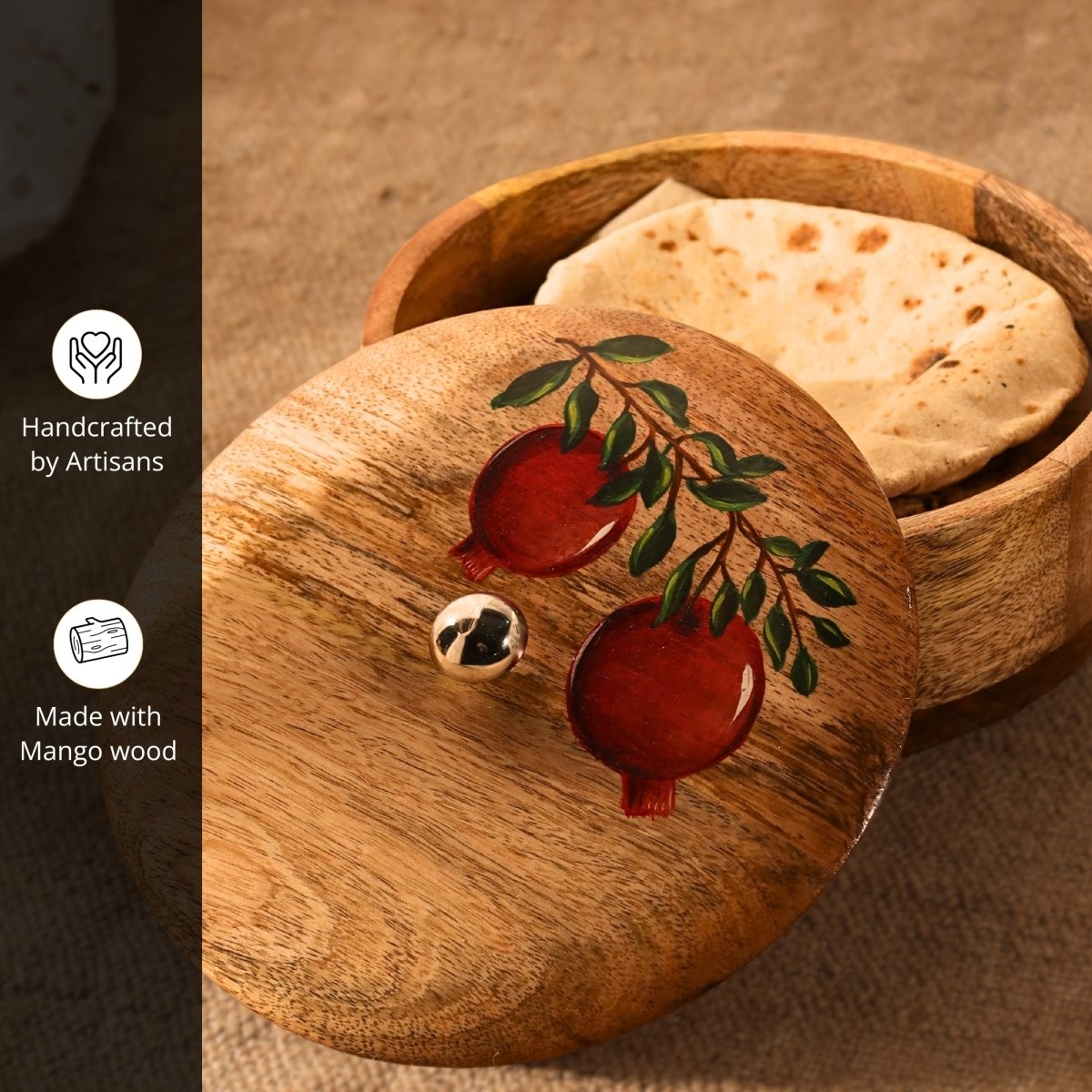 Wooden Roti Box | Handpainted  with Anar design | Mango Wood |  2.5" x 8"