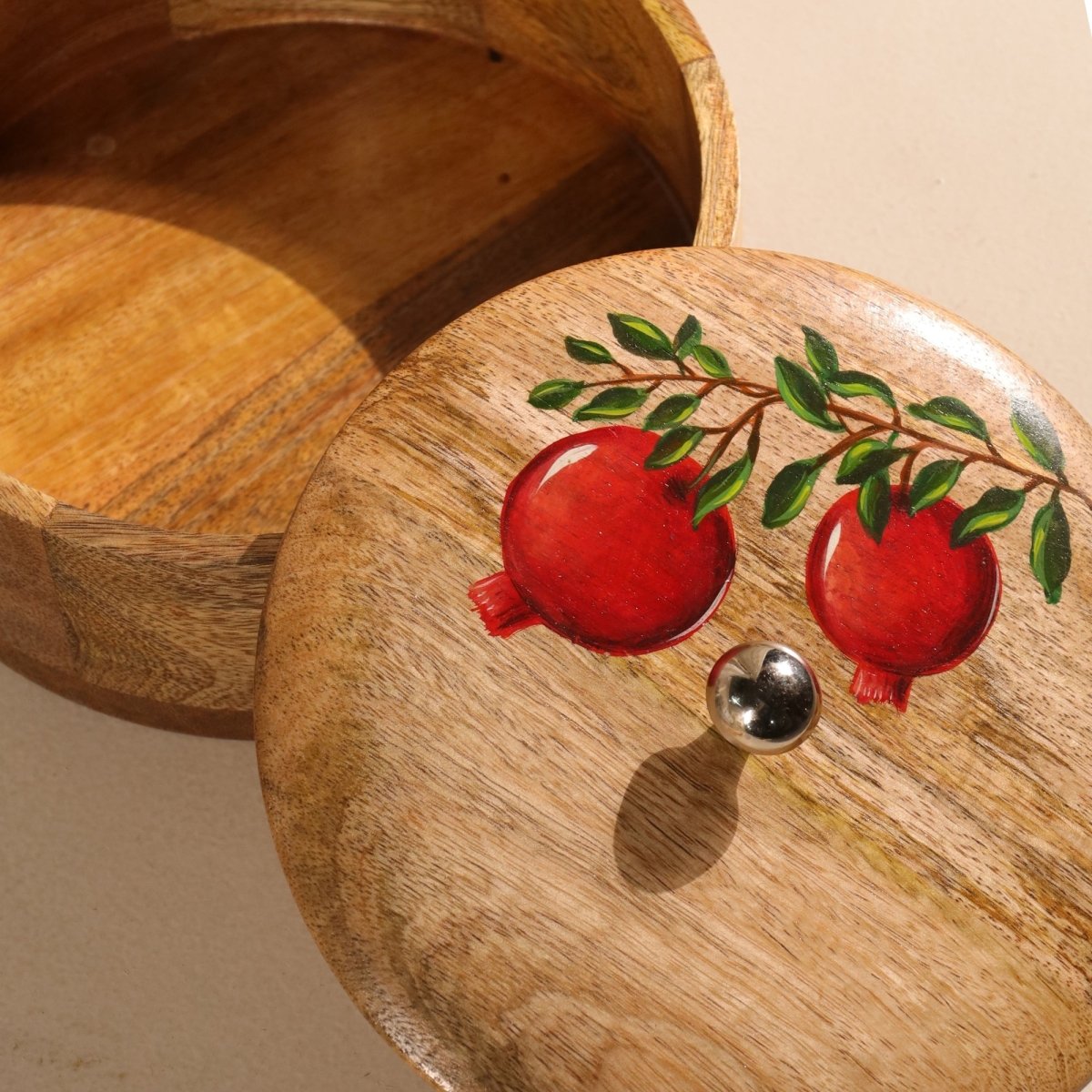 Wooden Roti Box | Handpainted  with Anar design | Mango Wood |  2.5" x 8"