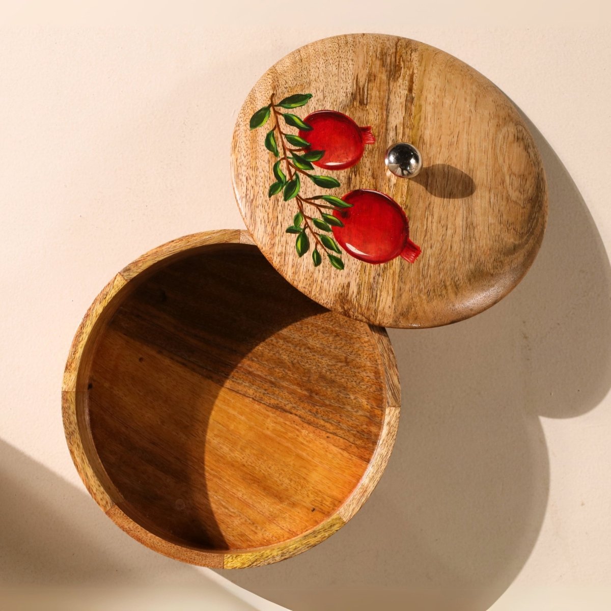 Wooden Roti Box | Handpainted  with Anar design | Mango Wood |  2.5" x 8"