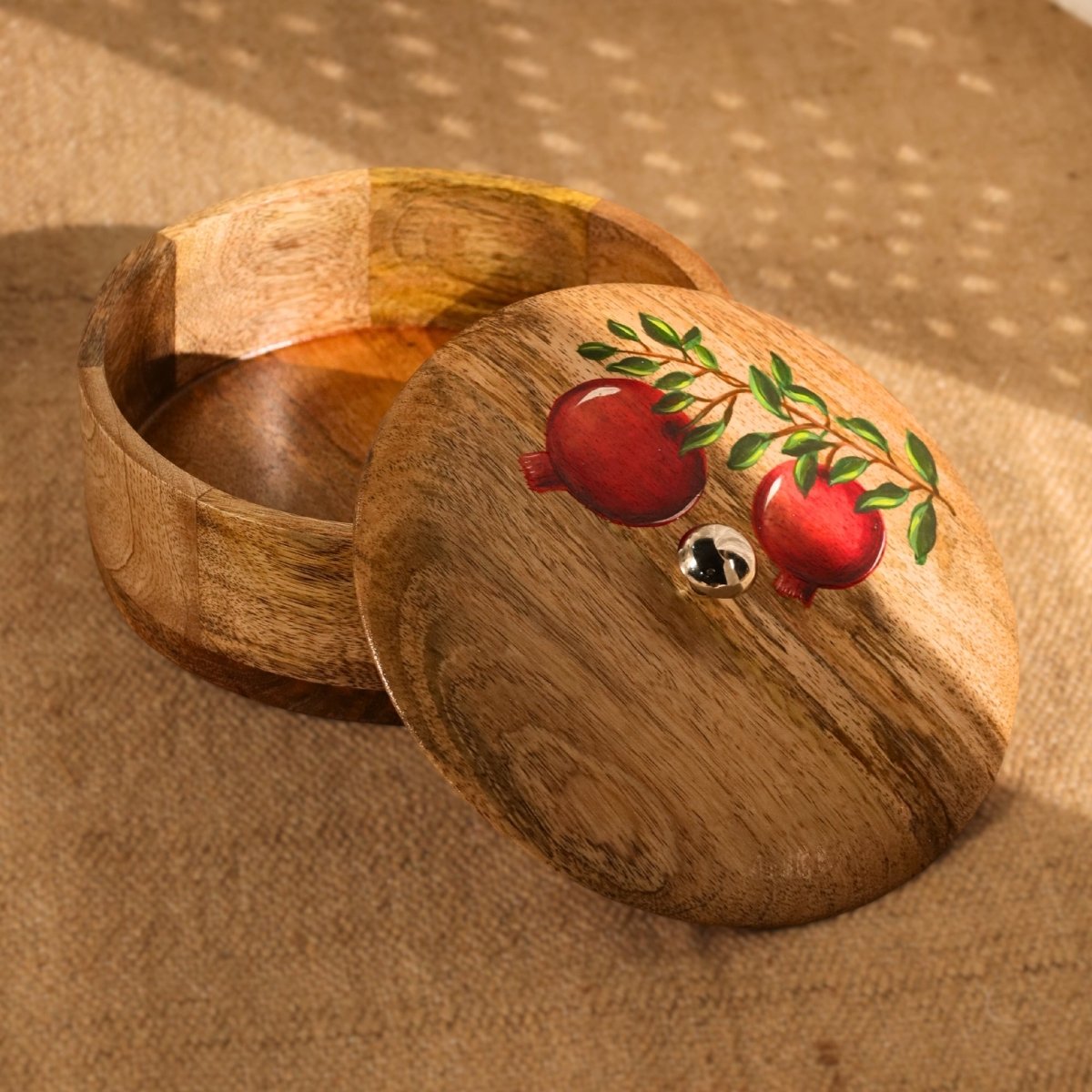 Wooden Roti Box | Handpainted  with Anar design | Mango Wood |  2.5" x 8"