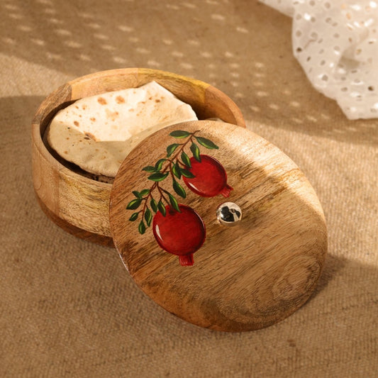 Wooden Roti Box | Handpainted  with Anar design | Mango Wood |  2.5" x 8"