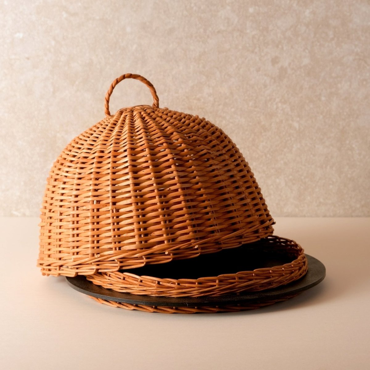Wicker & Wood Serving Platter With Lid & 2 Tier Collapsable Fruit Basket Combo | Handcrafted in Kashmir