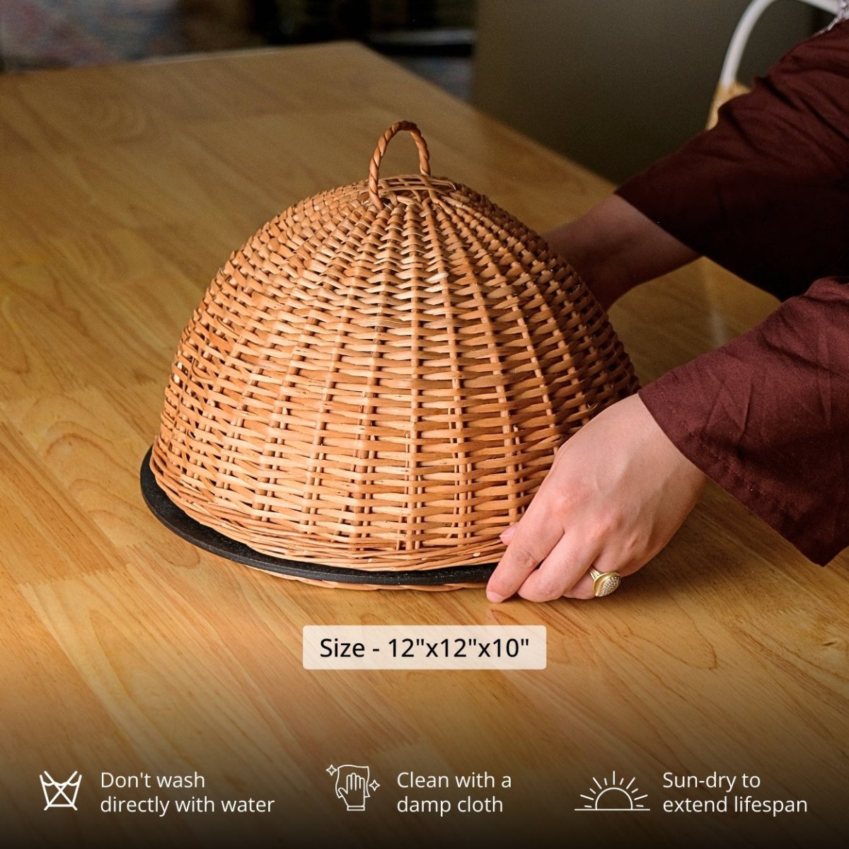 Wicker & Wood Serving Platter With Lid & 2 Tier Collapsable Fruit Basket Combo | Handcrafted in Kashmir